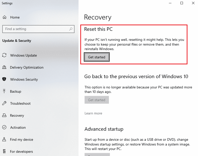 Reset Windows 10 - get started
