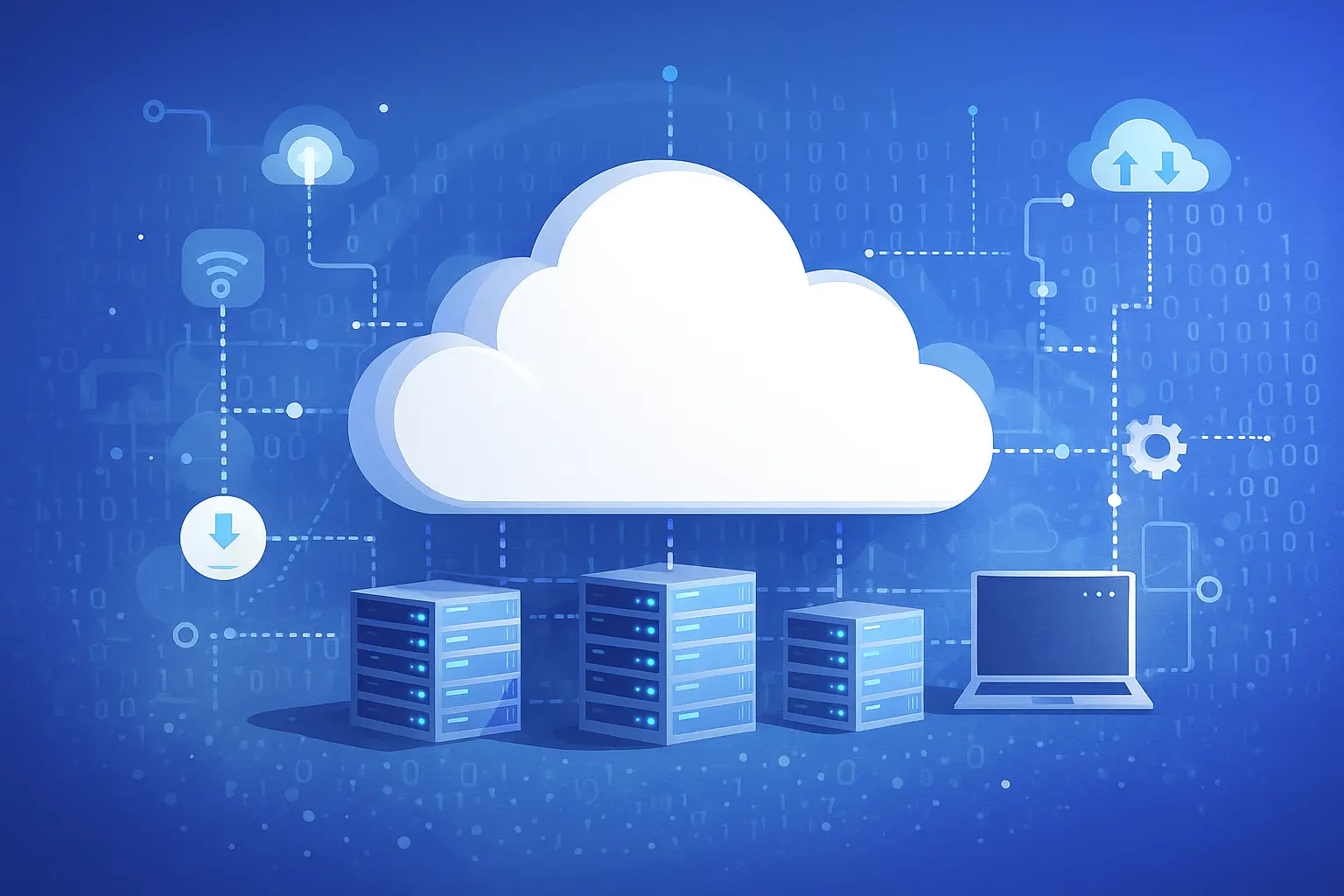 Ilustrasi cloud computing menampilkan ikon awan digital yang terhubung dengan beberapa server dan perangkat, menggambarkan konsep penyimpanan dan komputasi melalui internet.